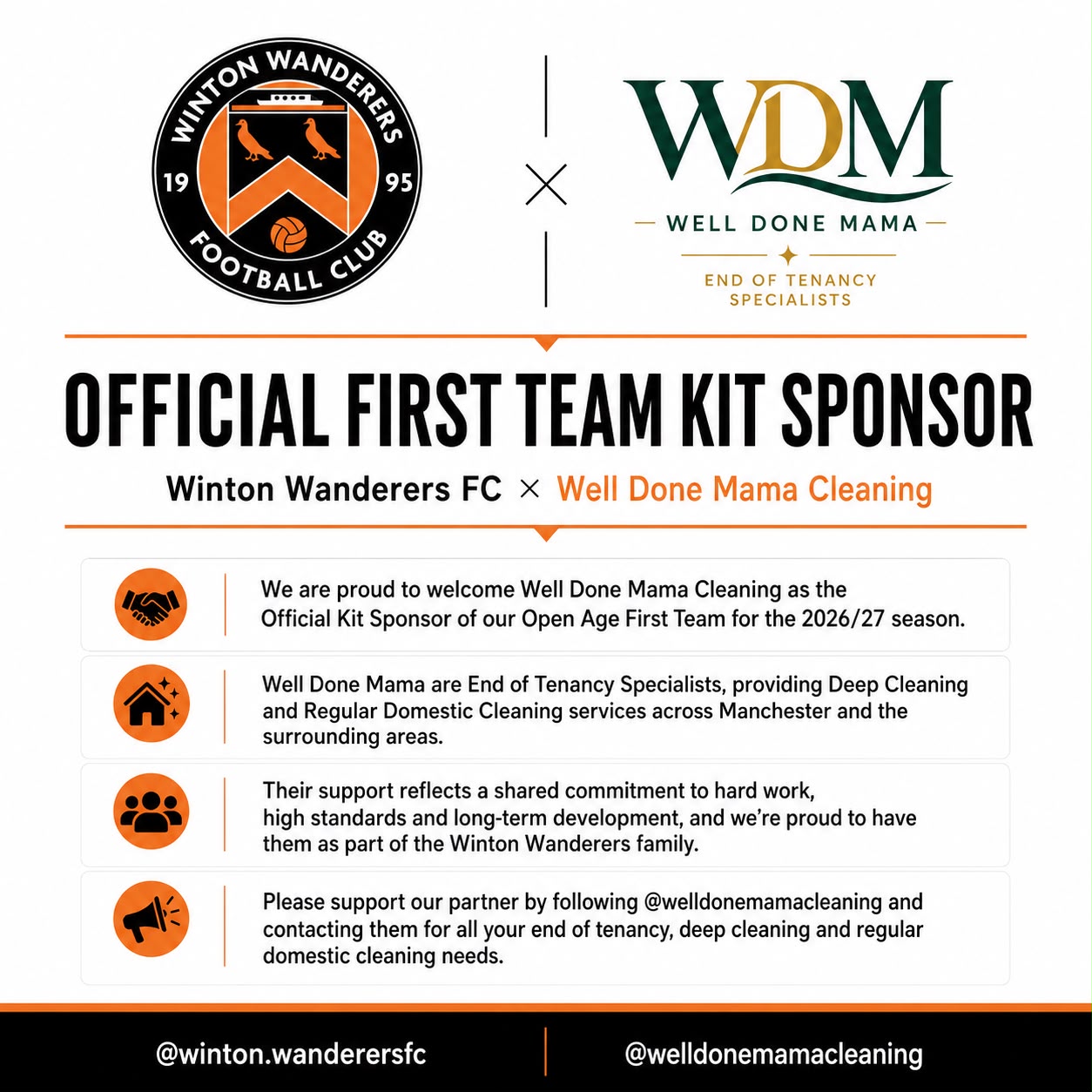 Winton Wanderers FC x Well Done Mama — official first team kit sponsor announcement