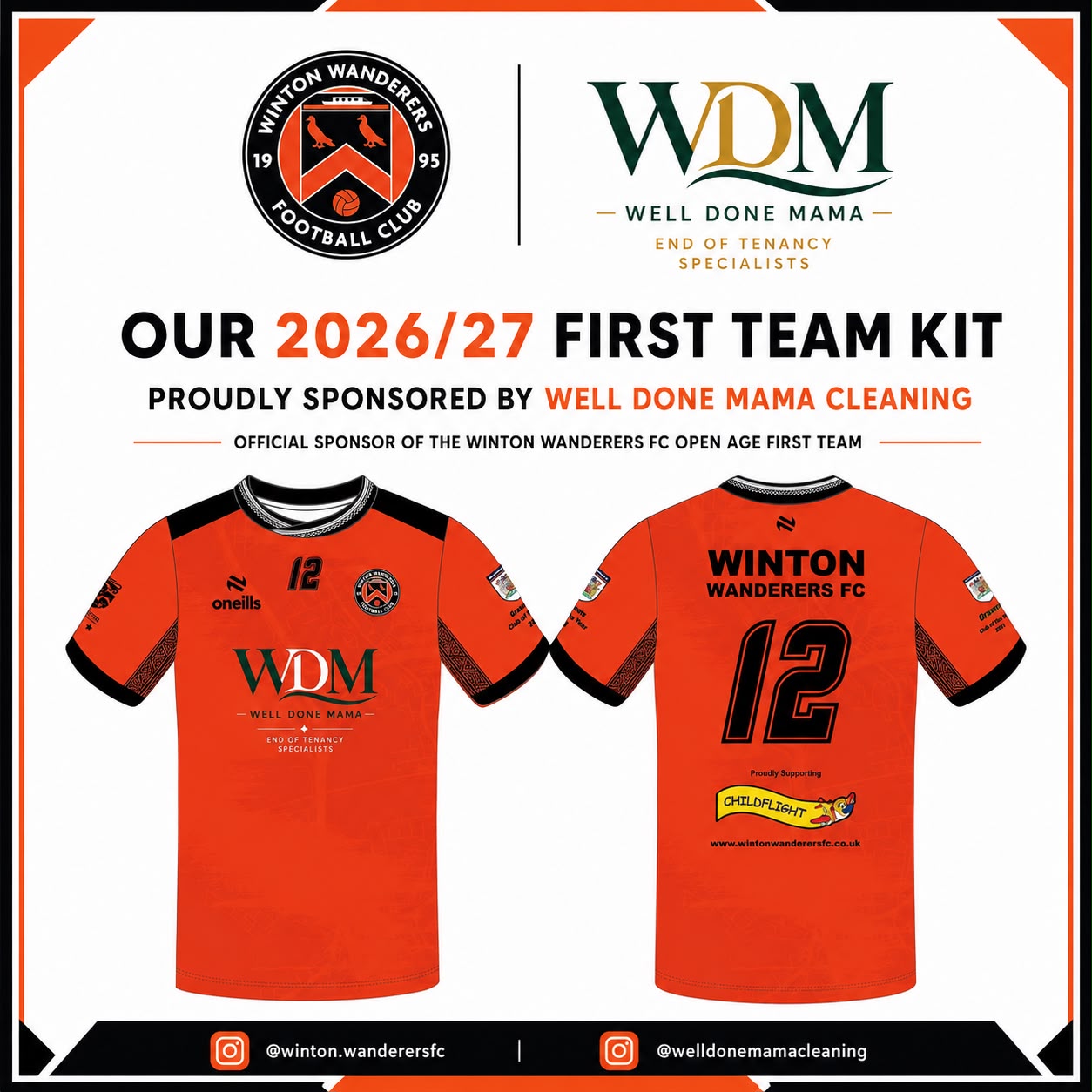 Winton Wanderers FC 2026/27 first team kit, proudly sponsored by Well Done Mama Cleaning